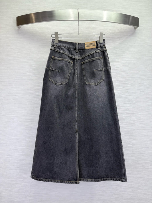 CD 25SS Laser Printed Stripe Pattern Denim Skirt Dark Gray Cotton 306522