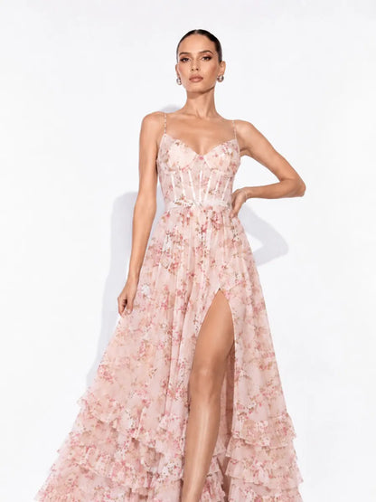 Annabel Ruffled Slit Maxi Dress In Pink