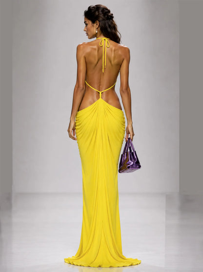 Isla Ruched Open-Back Maxi Dress