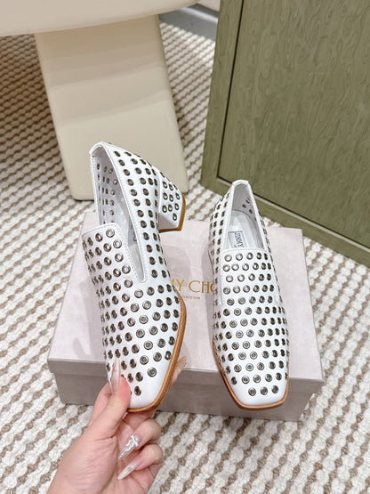 Jimmy Choo Eliot Slippers 45mm Metallic Eyelets White Calfskin 568495