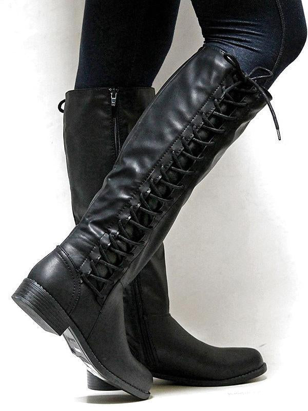 Fashion Solid Color Bandage Thigh-High Low-Heel Boots Shoes