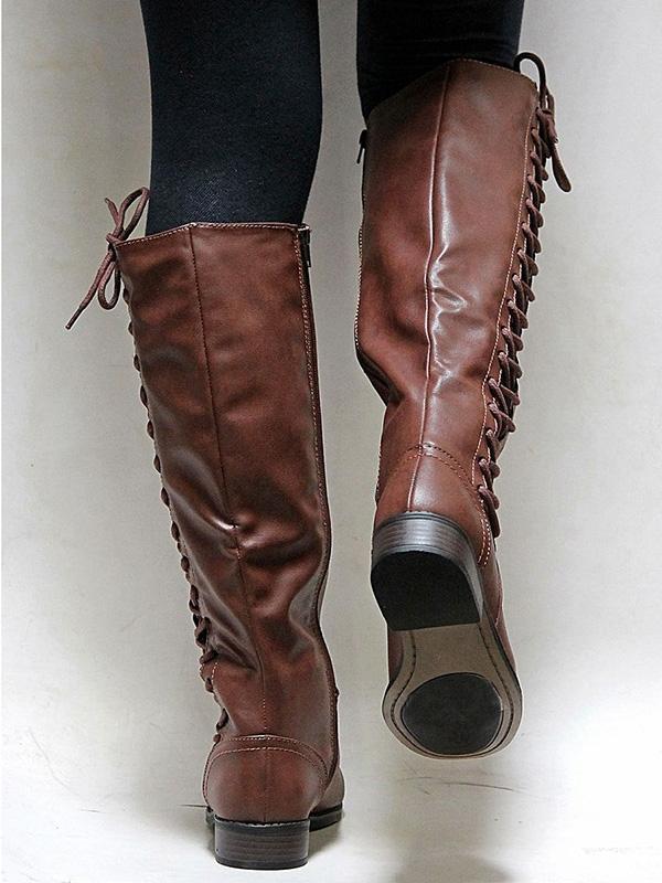 Fashion Solid Color Bandage Thigh-High Low-Heel Boots Shoes