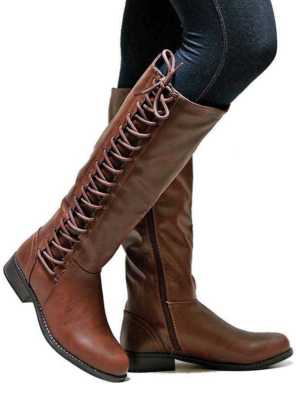 Fashion Solid Color Bandage Thigh-High Low-Heel Boots Shoes