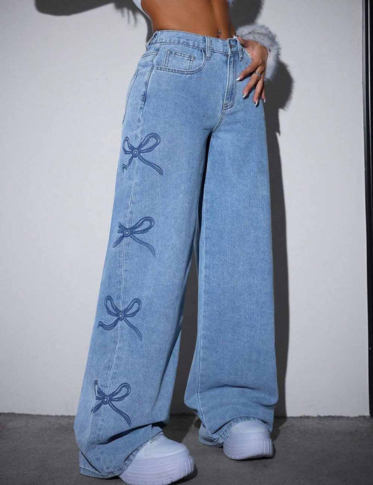Casual Bow Print High Waist Baggy Jeans