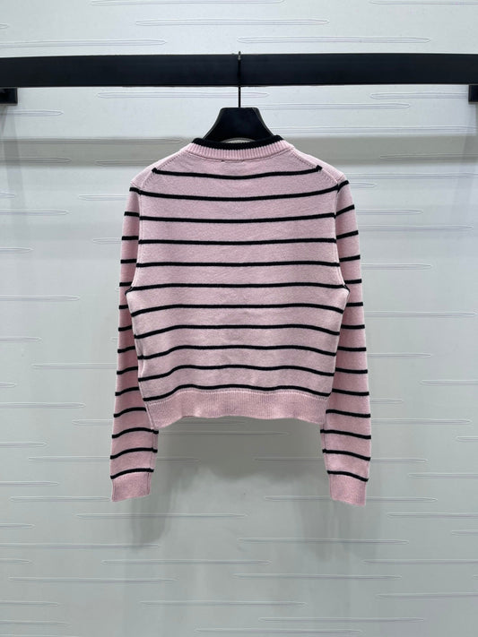 CC 25 Round Neck Striped Knitted Wool Pink Cardigan