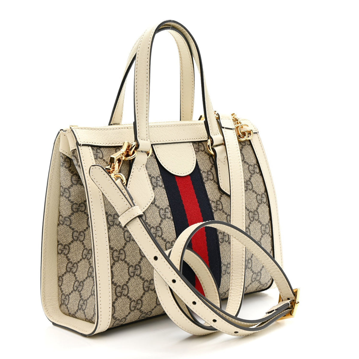 GG Supreme Monogram Textured Dollar Calfskin Web Small Ophidia Tote Bag Beige Ebony Mystic White