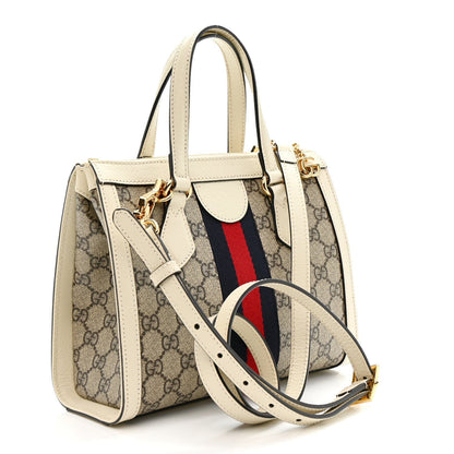 GG Supreme Monogram Textured Dollar Calfskin Web Small Ophidia Tote Bag Beige Ebony Mystic White