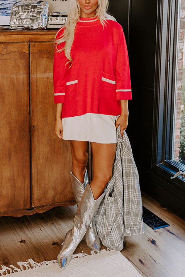 Class Act Knit Contrast Color Trim Mock Neck Pockets Sweater