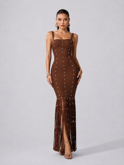 Raquel Sleeveless Diamond Tassel Bandage Brown Maxi Dress