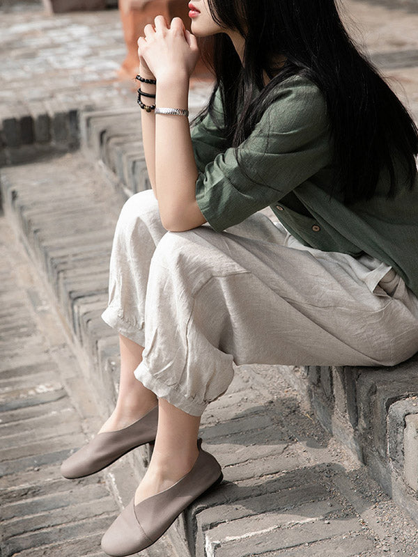Simple Linen Solid Color Elasticity Waist Loose Knickerbockers&Capri-Pants