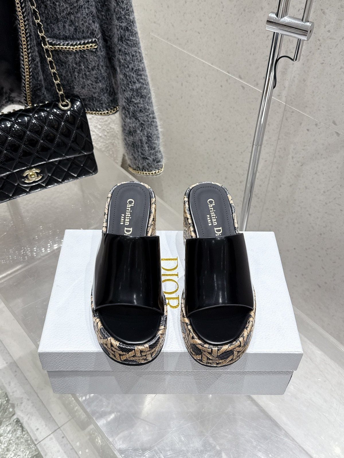 CD Attitude Wedge Sandals Black in Calfskin 598185