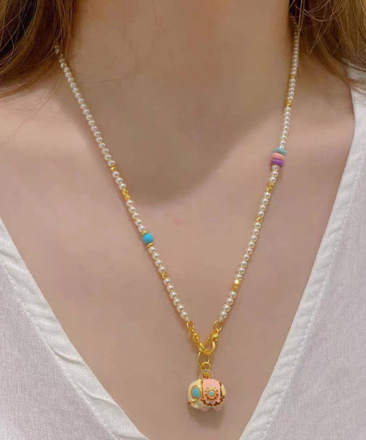 Boutique Gold Alloy Pearl Beads Little Elephant Pendant Necklace