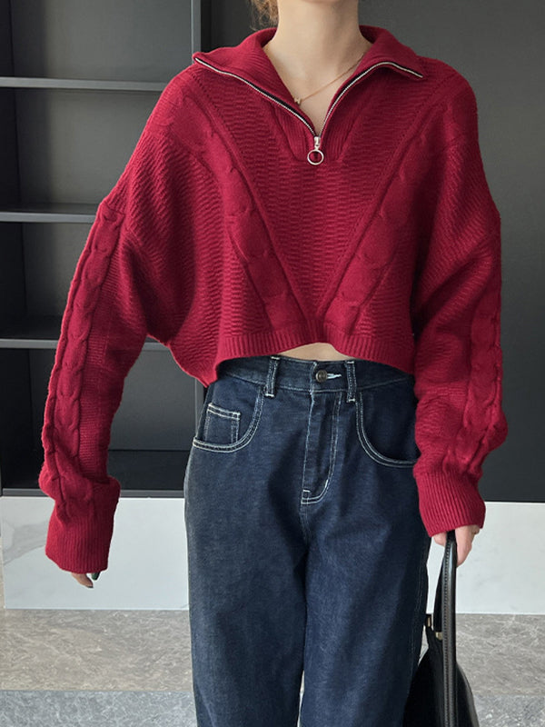 Simple Batwing Sleeves Long Sleeves Jacquard Solid Color Lapel Collar Sweater Tops
