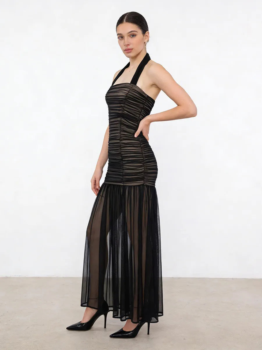 Audrey Sleeveless Pleated Mesh Maxi Dress
