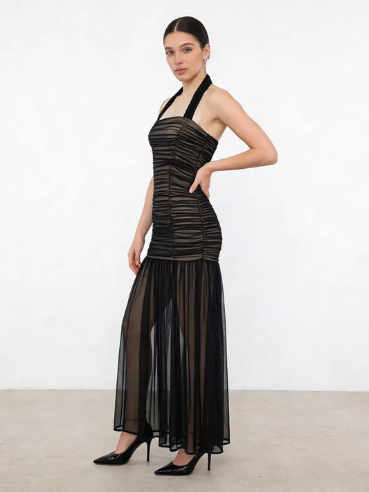 Audrey Sleeveless Pleated Mesh Maxi Dress