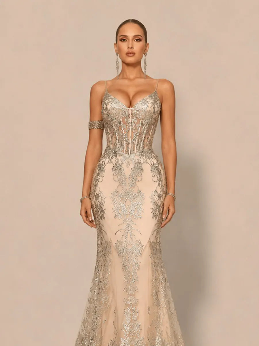 Jasmine Elegant Contour V Neck Sequin Maxi Dress