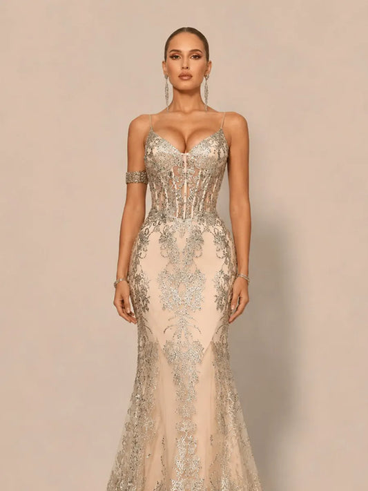 Jasmine Elegant Contour V Neck Sequin Maxi Dress
