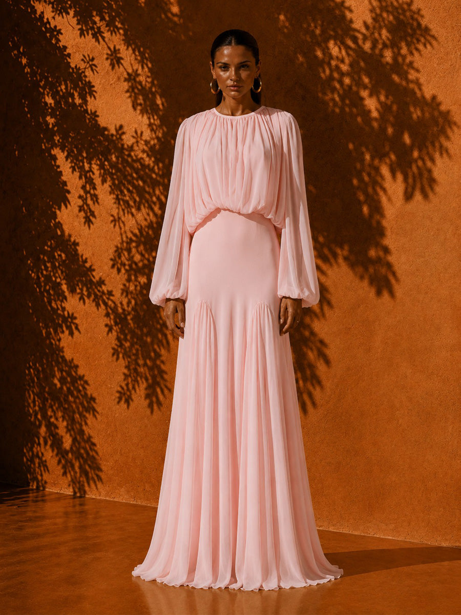 Keira Crew Neck Pleated Long-Sleeve Maxi Dress