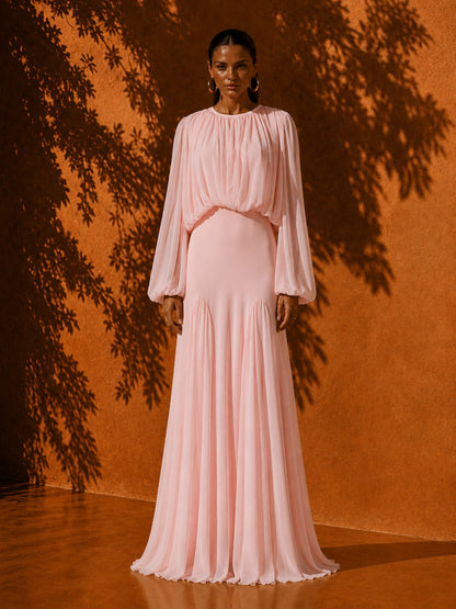 Keira Crew Neck Pleated Long-Sleeve Maxi Dress
