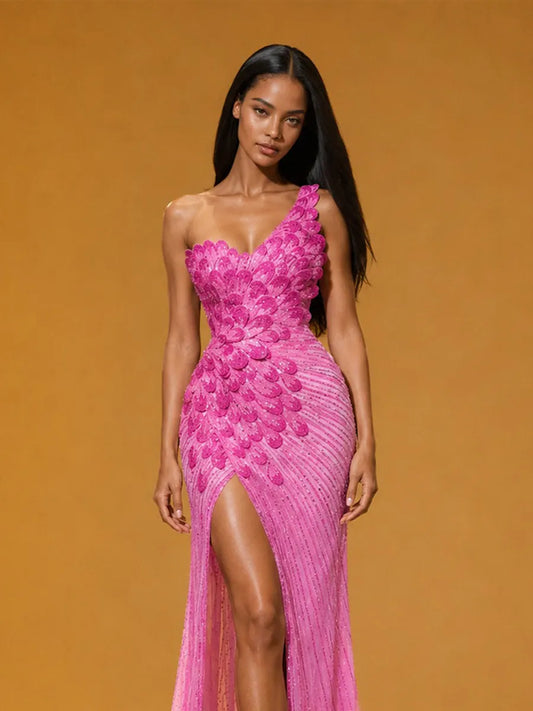 Rosalinda Petal-Design One-Shoulder Maxi Dress with Side Slit