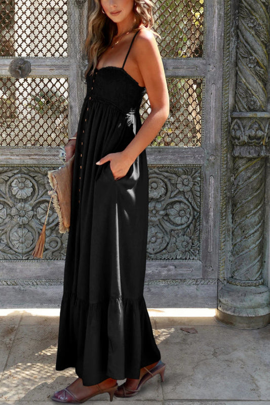 Black Smocked Button Pocketed Spaghetti Strap Maxi Dress