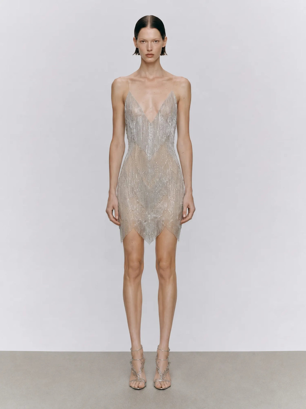 Brynn Deep-V Rhinestone Tassel Mini Dress