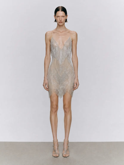 Brynn Deep-V Rhinestone Tassel Mini Dress