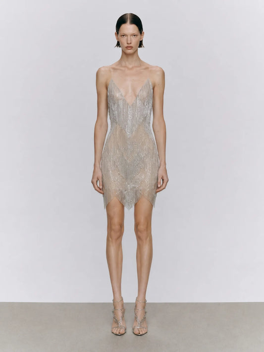 Brynn Deep-V Rhinestone Tassel Mini Dress