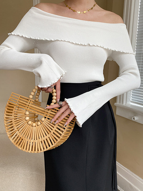Long Sleeves Skinny Falbala Solid Color Off-The-Shoulder Sweater Tops