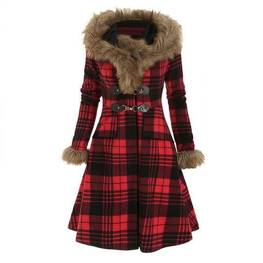 Slim Fit Plaid Hooded Faux Fur Collar Coat