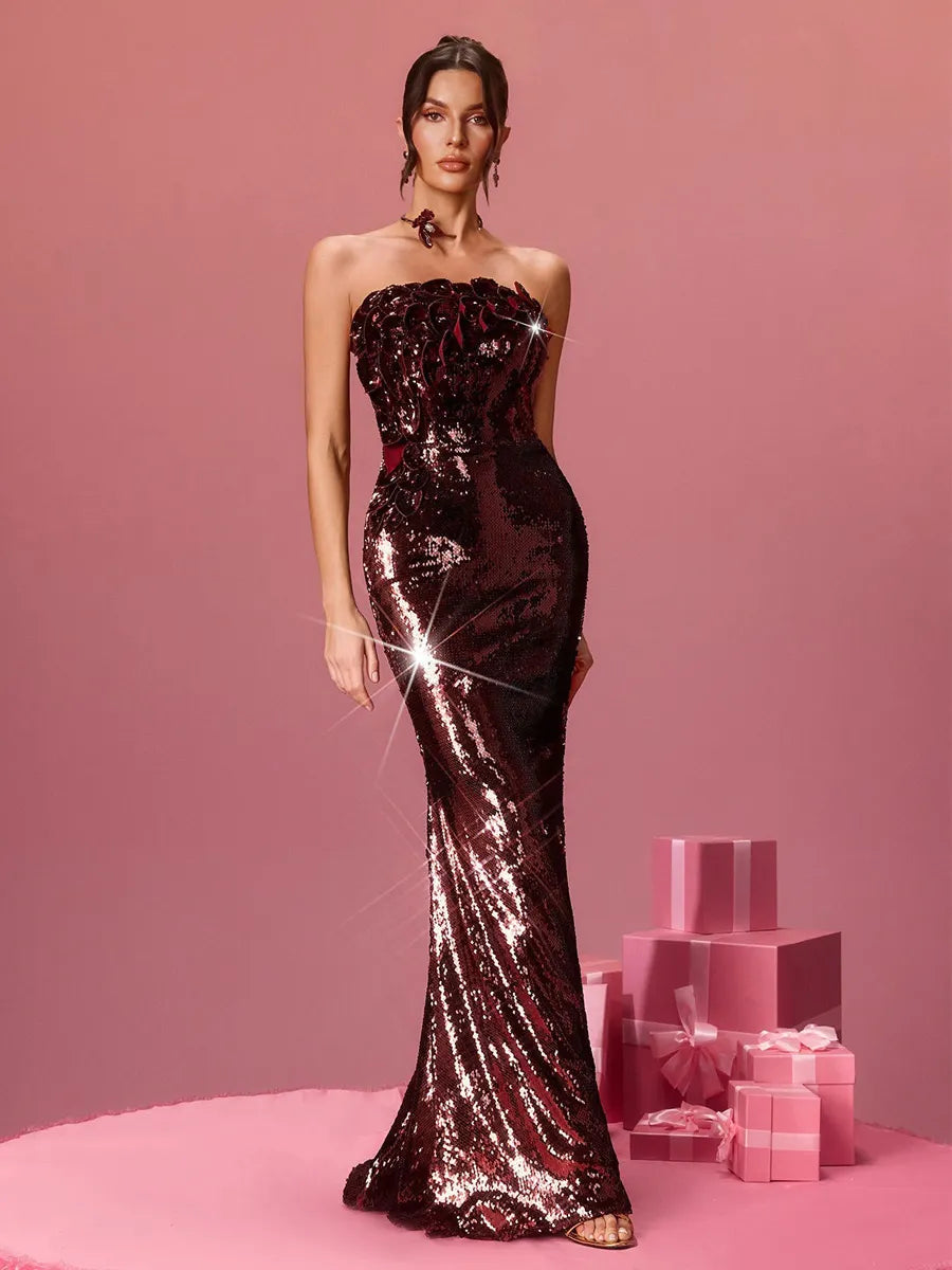 Hazel Strapless Sequin Petal Maxi Dress