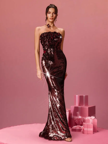 Hazel Strapless Sequin Petal Maxi Dress