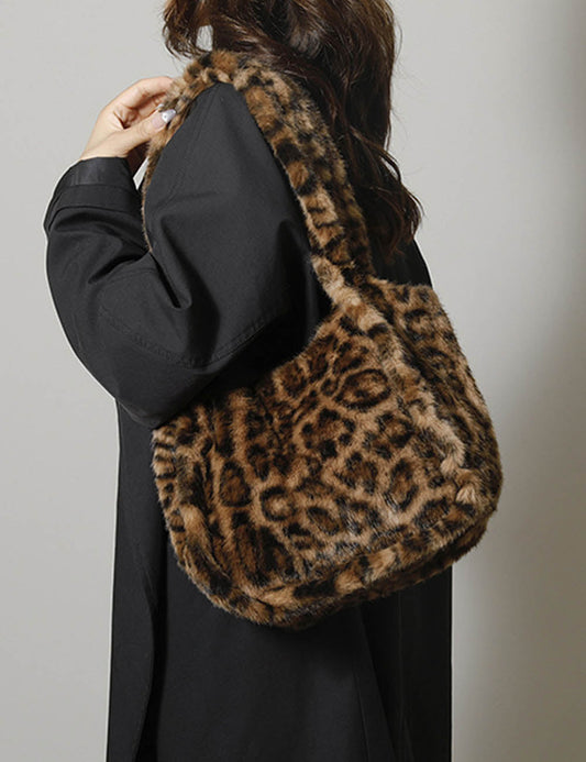 Retro Leopard Print Furry Tote Shoulder Bag