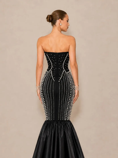 Arielle Sexy Strapless Pearl-Beaded Maxi Dress