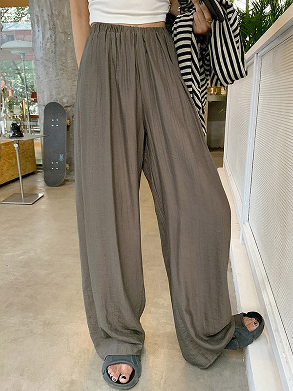 High Waisted Loose Elasticity Pleated Pockets Solid Color Pants