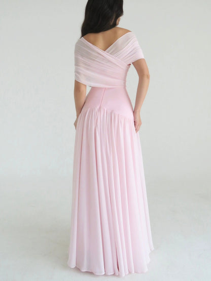 Chloe Off-the-Shoulder Ruched Chiffon Maxi Dress