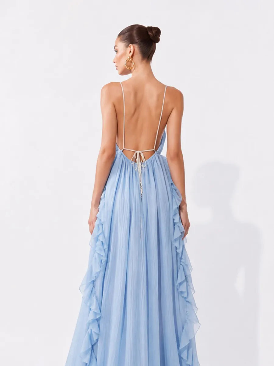 Stella Romantic Ruffled V-Neck Spaghetti Strap Maxi Dress