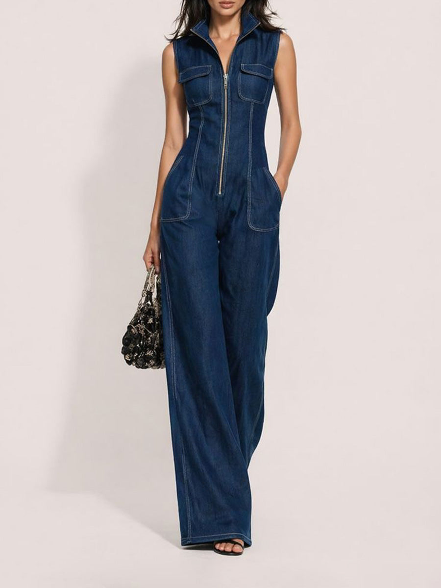 Celine Retro Stand-Collar Zip-Front Sleeveless Denim Jumpsuit