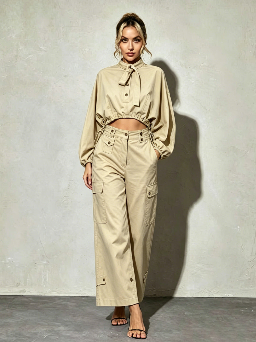 Mara Loose-Fit Cargo Top with Lantern Sleeves and Drawstring