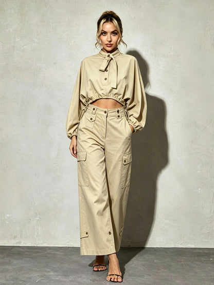Mara Loose-Fit Cargo Top with Lantern Sleeves and Drawstring