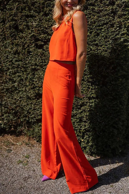 Modern and Elegant Solid Crop Tank and High Rise Flare Loose Pants Set