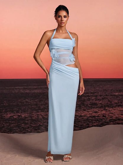 Arielle Halterneck Flower Maxi Dress In Sky