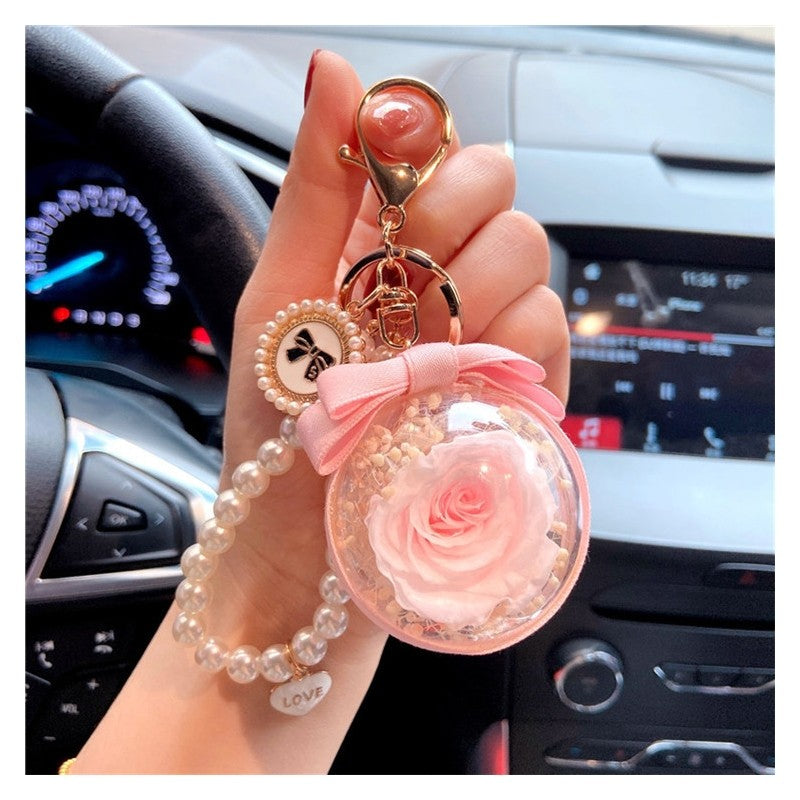 Bow Pearl Chain Keychain With Preserved Flower