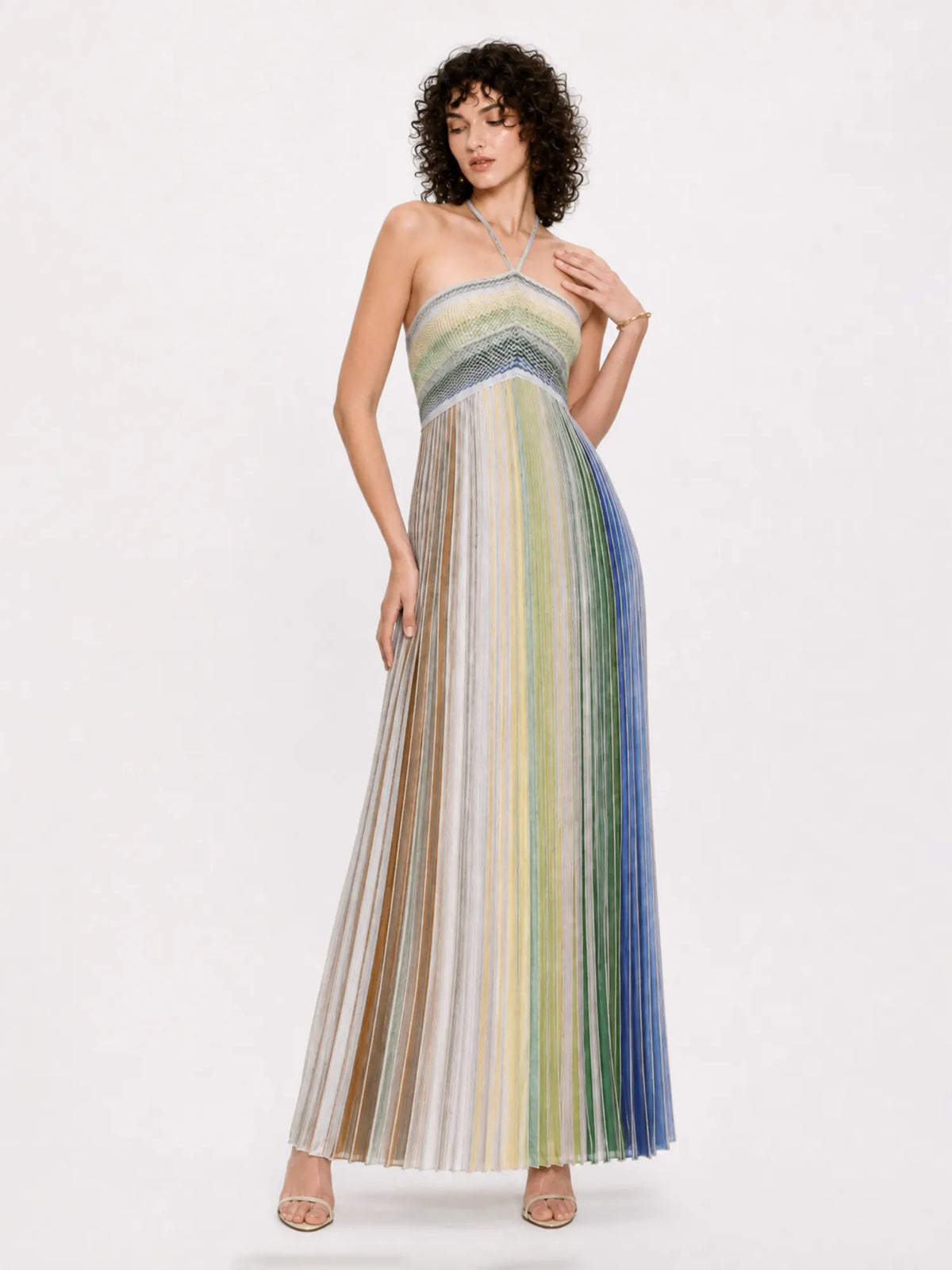 Quinn Striped Halter-Neck Sleeveless Maxi Dress
