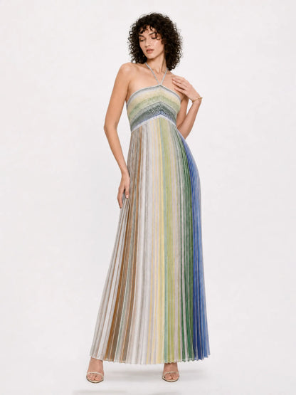 Quinn Striped Halter-Neck Sleeveless Maxi Dress