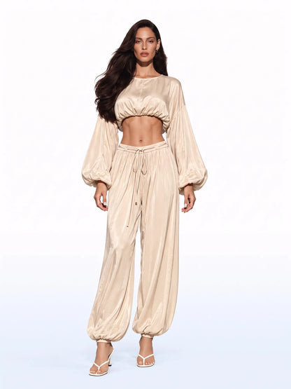 Lyla Balloon Sleeve Satin Two-Piece Set