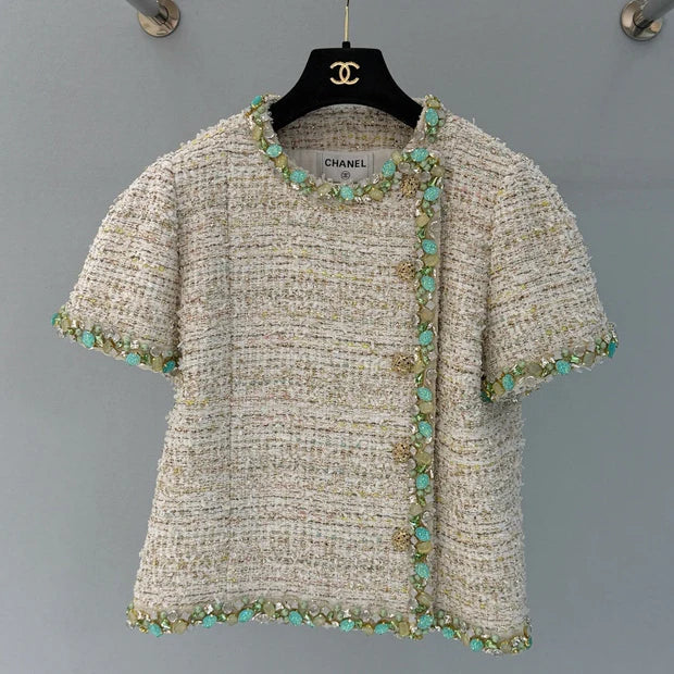 Chanel 2026 Side-button Short-sleeved Jacket Beige Green Polyamide Cotton