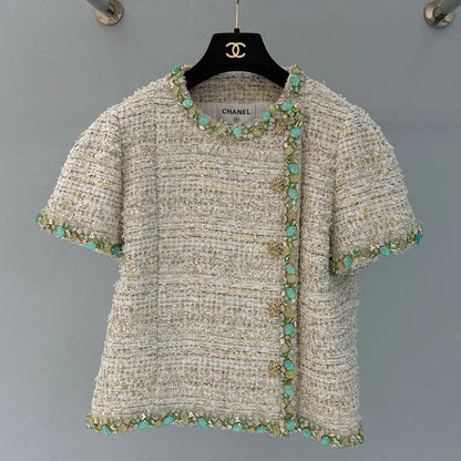 Chanel 2026 Side-button Short-sleeved Jacket Beige Green Polyamide Cotton