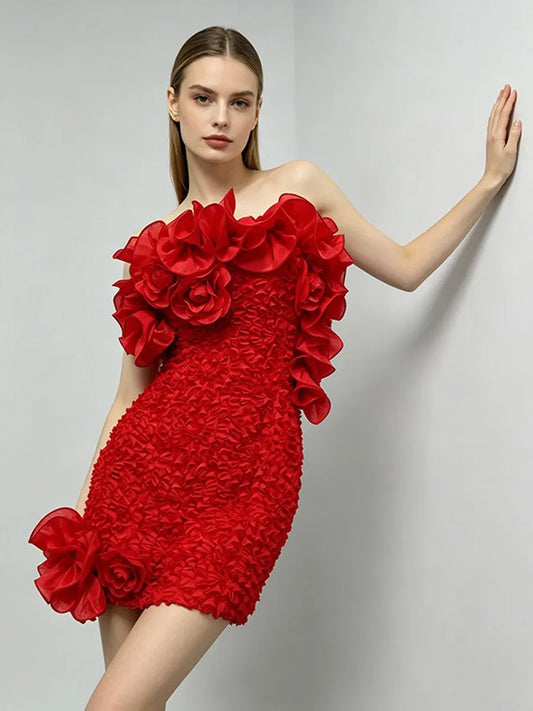 Karina Sexy 3D Floral Strapless Mini Dress
