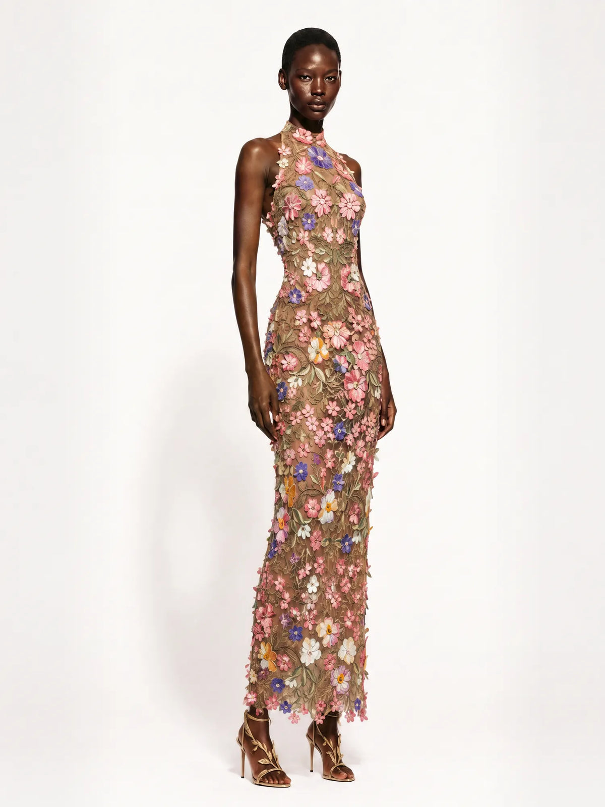 Adeline 3D Floral Details Halter-Neck Maxi Dress